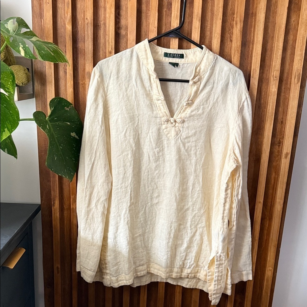 Vintage Lauren Ralph Lauren 100% Linen Mandarin Neckline Oversized Tunic. L - Picture 3 of 10